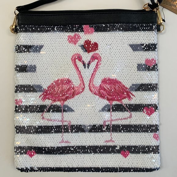 Handbags - Flamingos In Love Sparkly Crossbody Bag